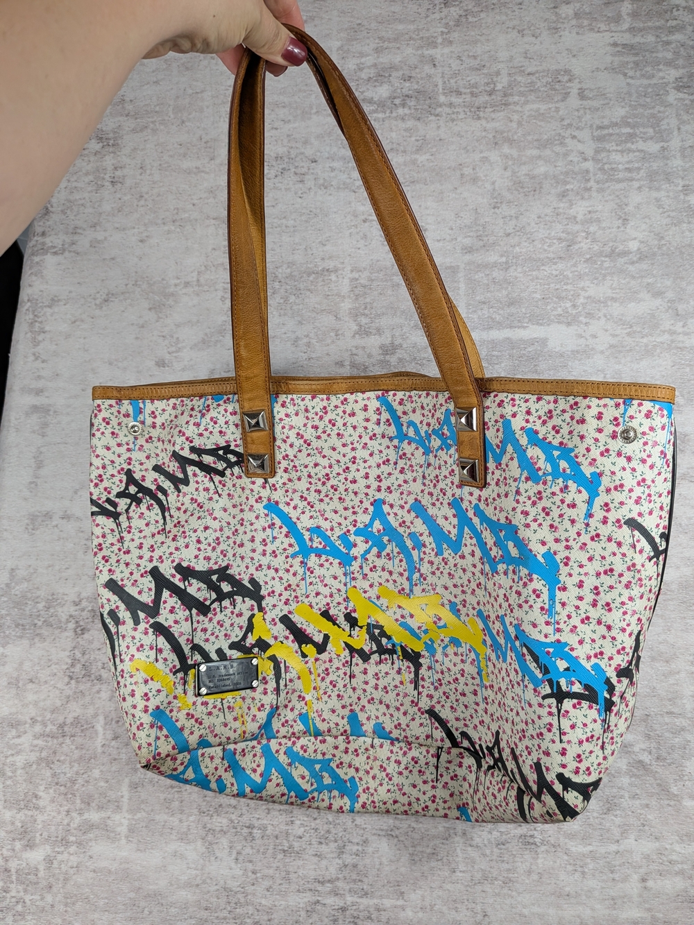 L.A.M.B. Gwen Stefani Graffiti Rose Print Tote Bag Leather Trim Large Handbag
